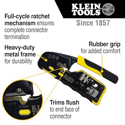 Klein Tools VDV226-110 Ratcheting Modular Data Crimper - Wire Stripper & Cutter, RJ11/RJ12 & RJ45 Pass-Thru - Crimper