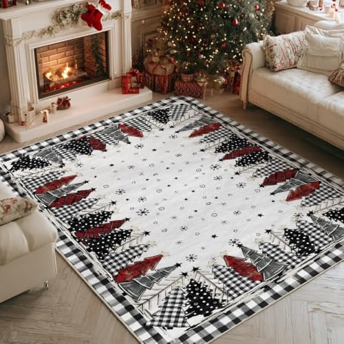 Artoid Mode 5x7 ft Watercolor Buffalo Plaid Christmas Rug - Black & White Winter Home Decor
