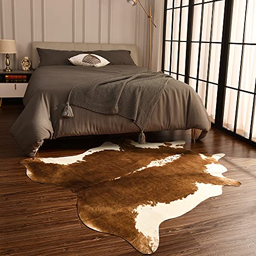 BENRON Faux Cowhide Rug Caramel 4'7 x 5'2 Irregular - Cow Print Rug for Living Room Bedroom