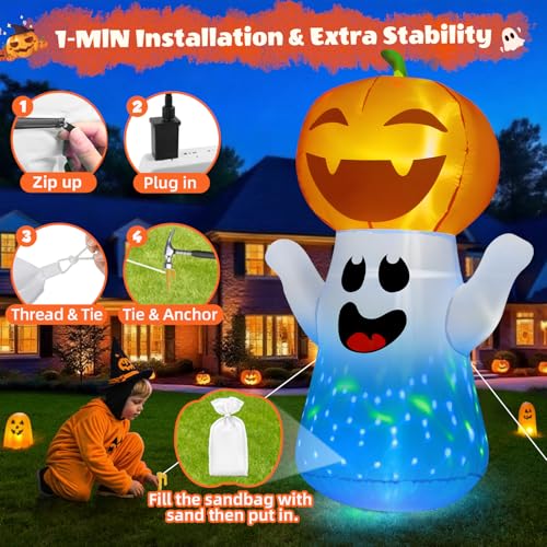 5FT Halloween Inflatable Pumpkin Ghost with Colorful Flashing Lights Yard Decor