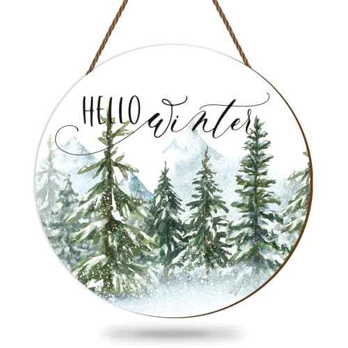 Whaline Christmas Hello Winter Wooden Hanging Sign Christmas Pine Trees Welcome Door Sign Xmas Winter Holiday Farmhouse Rustic Wreath Sign for Indoor Outdoor Home Wall Window Decor