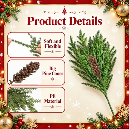 12Pcs Artificial Norfolk Pine Branches with Pinecones Holiday Decor