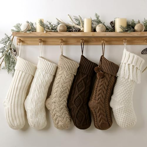 Pawliss Farmhouse Knitted Personalized Christmas Stockings 6 Pack - 18 Inch White Brown Beige Cable Knit Holiday Decor