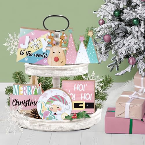 Merry Christmas Tiered Tray Decor, Pink Xmas Tree Santa Deer