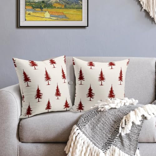 Aportt 18x18 Inch Red Pine Tree Christmas Pillow Covers Set of 2 Rustic Forest Holiday Decor