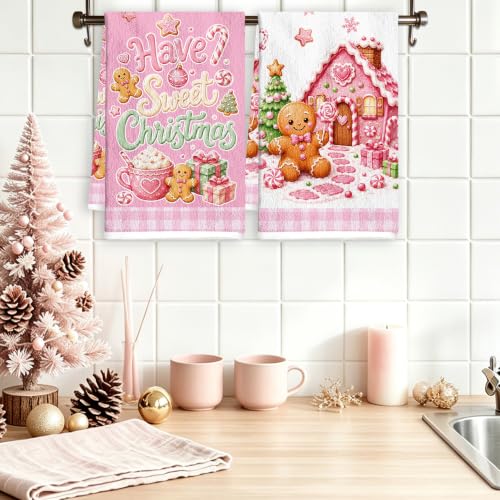 MOIZYNG Pink Christmas Gingerbread Kitchen Towels Set of 4 - Holiday Dish Towels
