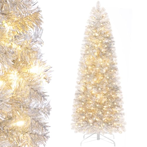 Decoway 6ft Slim Christmas Tree with 200 Warm White LEDs – Pre-lit, Silver