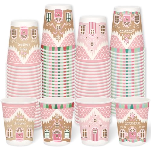 Whaline 100Pcs 9oz Christmas Gingerbread Paper Cups, Disposable Holiday Party Drinkware