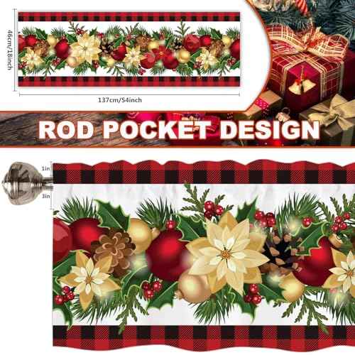 Christmas Valances for Windows, Rod Pocket Floral Patterns Winter Christmas Valance Curtains, Xmas Valance Curtains for Living Room, Bedroom, 54x18 Inch