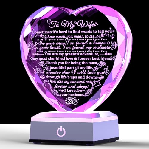 Gifts for Wife from Husband - Crystal Heart with Multicolor Base (Ornalrist) - Keepsake Night Light