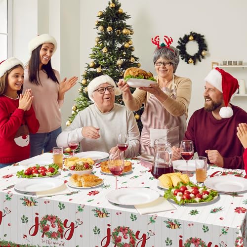 3Pcs Christmas Tablecloths Red White 54x108in Disposable Holly Berry Joy to the World