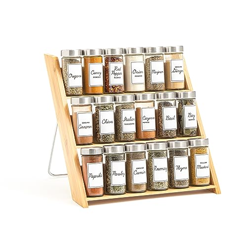 Compact Bamboo Spice Rack with 18 Spices & Free Refill Program - Kitchen Organizer