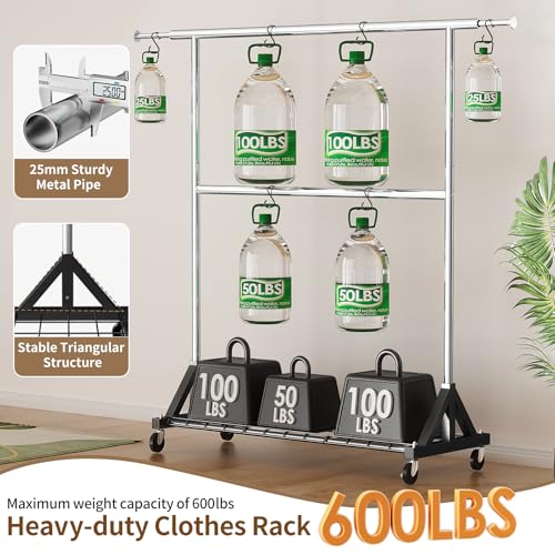 Heavy Duty Clothes Rack with Lockable Wheels - 600 LBS Capacity, Black + Silver