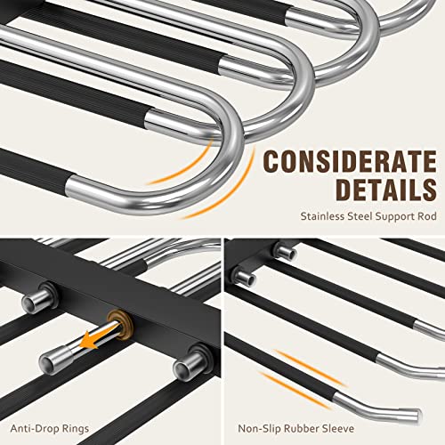 HUITEM 4 Pack Black 6-Tier Space Saving Pants Hangers - Anti-Slip Stainless Steel