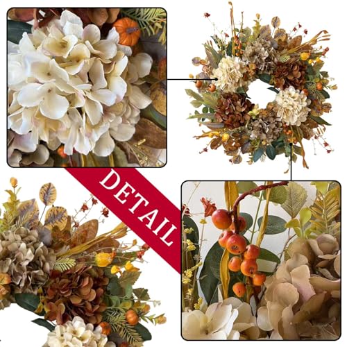 WANNA-CUL 24 Inch Fall Wreath with Hydrangea & Mini Pumpkins - Rustic Autumn Front Door Decor (10-Rustic Hydrangea Variant)