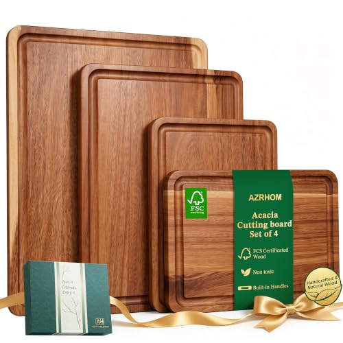 Acacia Wood Chopping Board Set of 4 - Large 16x12 Inch - Reversible & Juice Groove