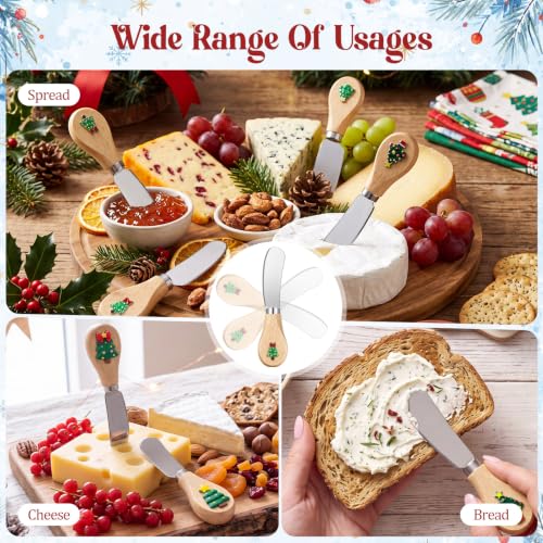 Christmas Cheese Spreader Set 24 Pcs Stainless Steel with Wooden Handles - Green, Red, Yellow