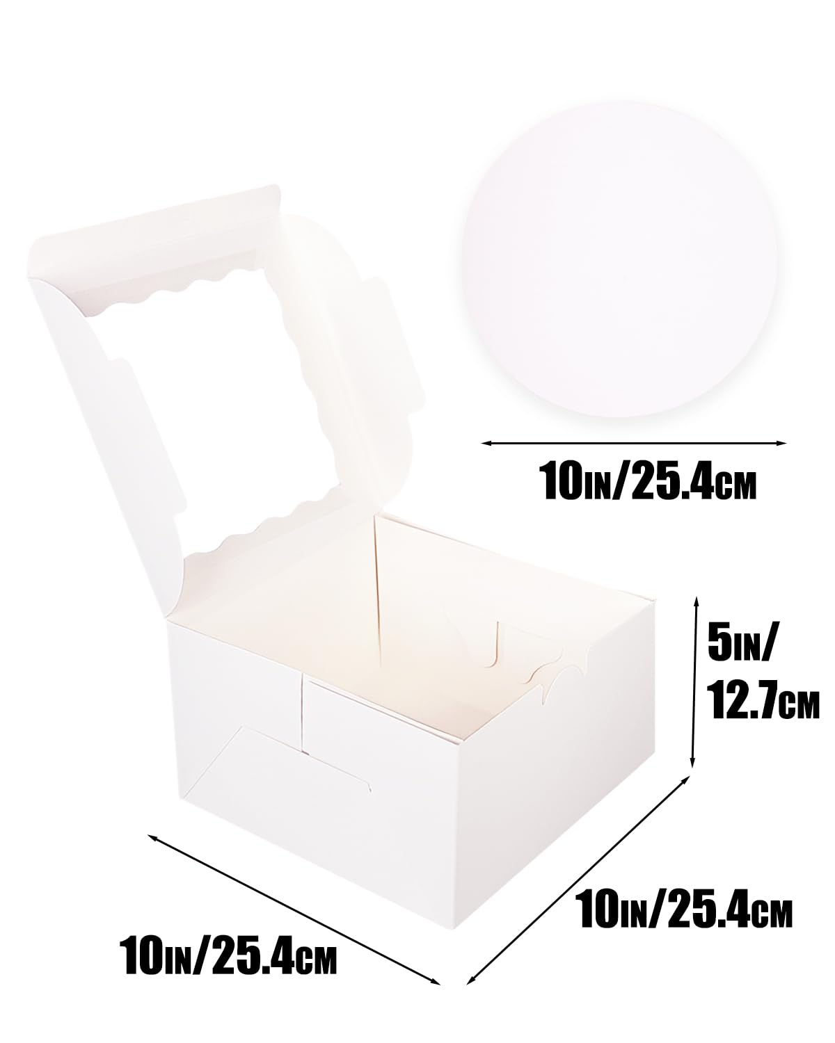 qiqee 10x10x5 Cake Box, 4 Sets White Cake Box with Window ＆ 4 Sets 10" White Cake Round Boards, 10inch Cake Containers