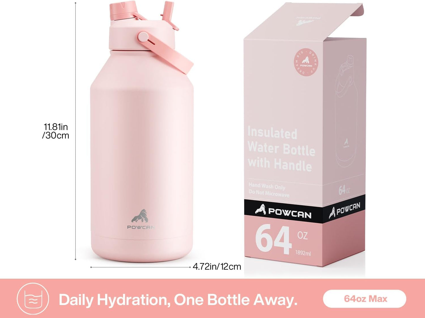 POWCAN 64 oz Insulated Water Bottle - 2-in-1 Straw & Spout Lid, Keeps Drinks Cold 24H | BPA-Free, Leak-Proof, Cotton Candy