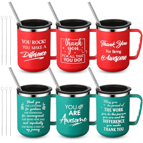 6-Pack Christmas Insulated Coffee Mugs with Lids & Straws - Thank You & Holiday Gifts