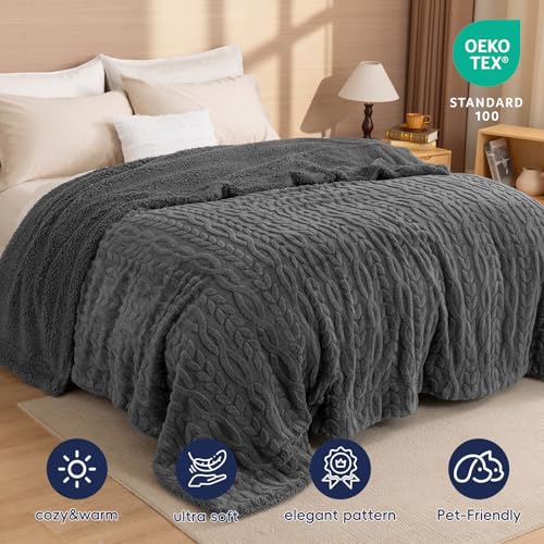 Queen Size Fluffy Sherpa Blanket Dark Grey 90x90 Winter Warm Soft 3D Jacquard