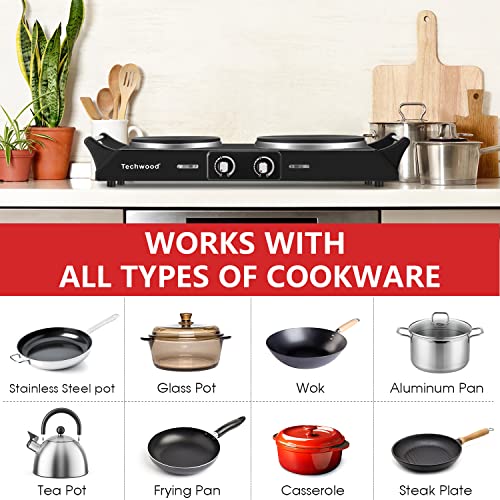 Techwood Double Hot Plate Electric Stove 1800W with Adjustable Temperature, Black Stainless Steel