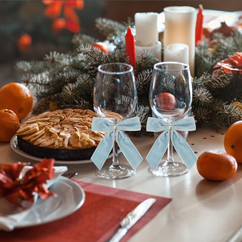 Christmas Velvet Bows Light Blue 24 Pack ? 3.5 Inch Holiday Tree Ornaments with Twist Tie Decorative Ribbon Bows for Christmas Tree, Wreath, Gift Wrapping & Party Decoration