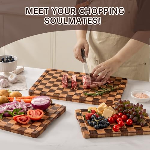 Checkered Walnut Cutting Board Set - 3 Piece Kitchen Prep & Serving Set 17"L x 12"W - Includes Storage Stand