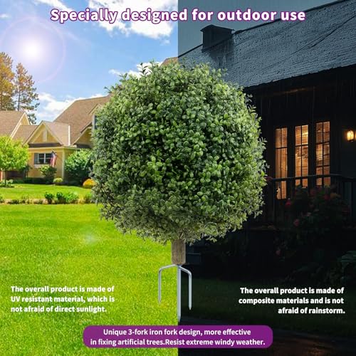 Griine Set of 2 Artificial Boxwood Topiary Ball Trees - 27 Inch Faux Bush with Metal Ground Spike, UV Resistant Outdoor Decor