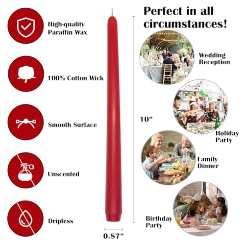 BERYSCEN Red Unscented Taper Candles 10 Inches - Pack of 4 for Christmas & Home Decor