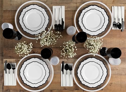 PLASTICPRO 128 Pack Disposable Plastic Plates Set - Elegant White & Black Contemporary Design, Includes 64 Dinner & 64 Salad Plates