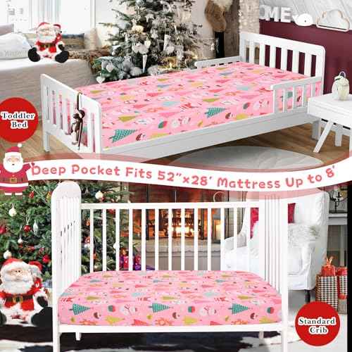Cloele Christmas Crib Sheet Santa Fitted Sheet for Girls - Pink Animal Baby Nursery Sheet Cozy Bed Sheet for Standard Crib and Toddler Mattresses - Snowman Crib Mattress Infant Toddler Sheet