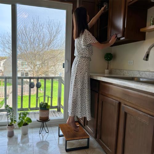 Wooden Step Stool for Bed - Portable Small Stool with Iron Frame - Light Walnut