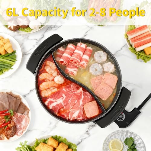 Food Party 6L Electric Hot Pot with Divider, 5-Level Temp Control, Fast Boil, Non-Stick