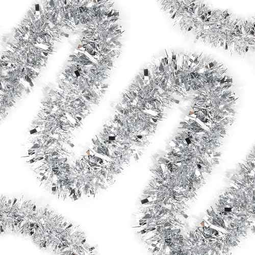 50FT Silver Metallic Twist Shiny Garland for Christmas Tree Decorations, Xmas Holiday Hanging Garland for Home Mantle Stair Indoor Outdoor Party Supplies Decor