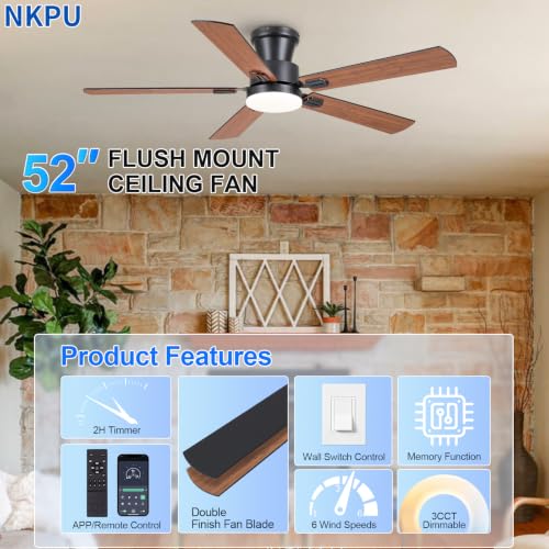 NKPU 52-Inch Brown Ceiling Fan with Lights, Remote & App Control, Dimmable, Quiet DC Motor, Flush Mount for Indoor & Outdoor