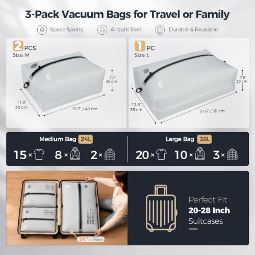 ESCRODOI 3PCS Grey Travel Vacuum Storage Bags with Pump, Waterproof & Reusable