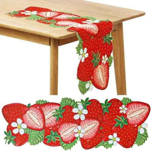 13 x 36 Inch Strawberry Table Runner Fruit Theme Table Centerpiece Baby Shower Kitchen Dining Party Supplies for Strawberry Birthday Decorations