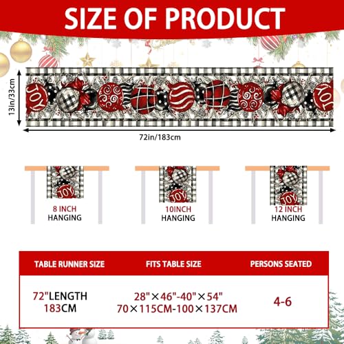 White and Black Buffalo Plaid Christmas Table Runner,Christmas Balls Joy Pine Branch Seasonal Winter Kitchen Tabletop Runner for Indoor Outdoor Dining Table Decoration13x72 Inch