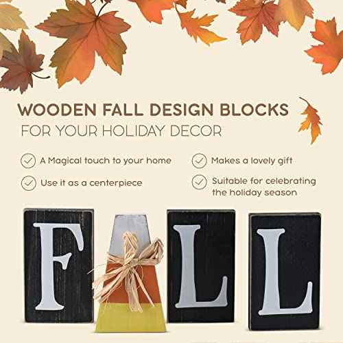 Ornativity Wooden Fall Shelf Blocks - Rustic Autumn Wooden Painted Candy Corn Centerpiece Shelf Sitters Farmhouse Mantel Shelves and Tabletop Home Decorations Candycane Ornament Decor Set 5.9"