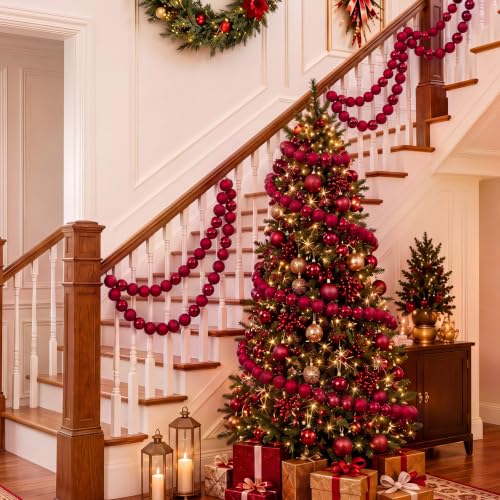 Jenaai 3-Pack Burgundy Christmas Ball Garland with Cherry Red Variation, 6ft Shatterproof Ornaments