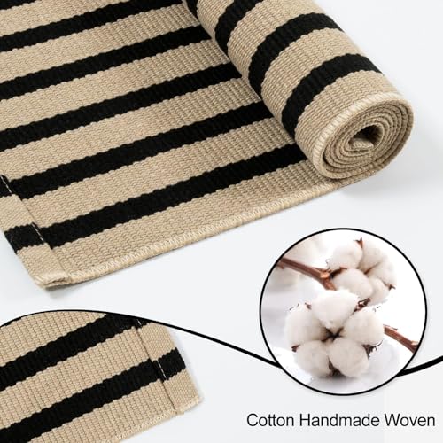 Outdoor Washable Rug 3x5 Feet Black and Tan Striped Porch Rug - Waterproof, Indoor/Outdoor