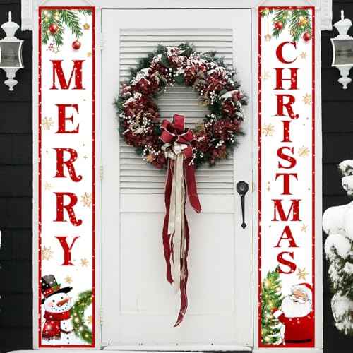 Christmas Door Banner-Christmas Outdoor Decorations Outdoor Santa Claus Snowman Merry Christmas Porch Sign Red Xmas Party Supplies