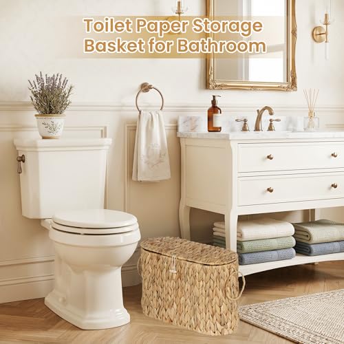 Water Hyacinth Toilet Paper Storage Basket with Lid - Slim Organizer Holds 9 Mega Rolls - Natural
