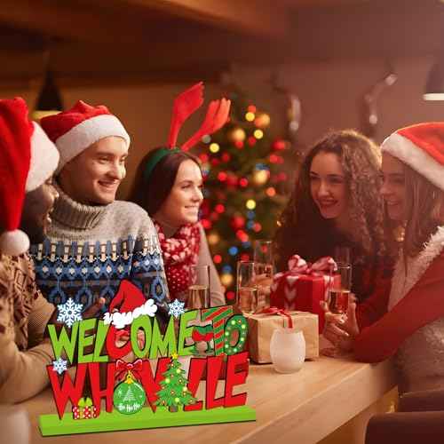 Christmas Table Decorations, Welcome to Christmas Party Table Centerpieces 11.8x7.9inch Red and Green Snowflake Style Wood Tabletopper for Winter Holiday