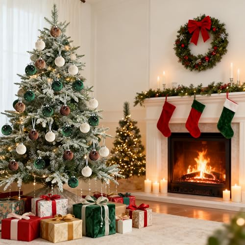 Upgraded Brown & Green Velvet Christmas Tree Ornaments 15PCS - Shatterproof Holiday Decorations