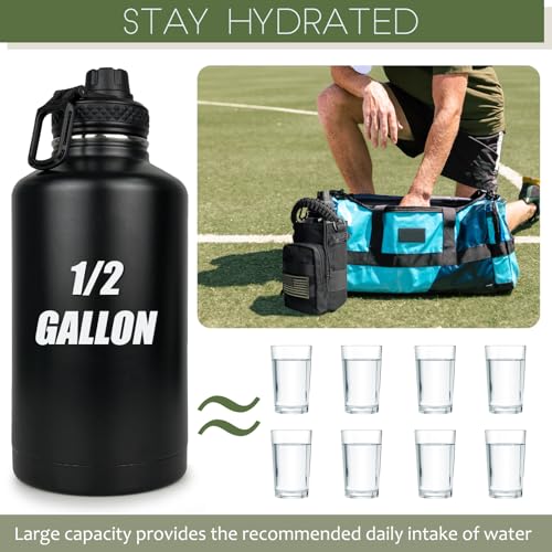 DEFUNX 64 Oz Insulated Water Bottle with Sleeve & Strap - All Black, Half Gallon Sports Jug