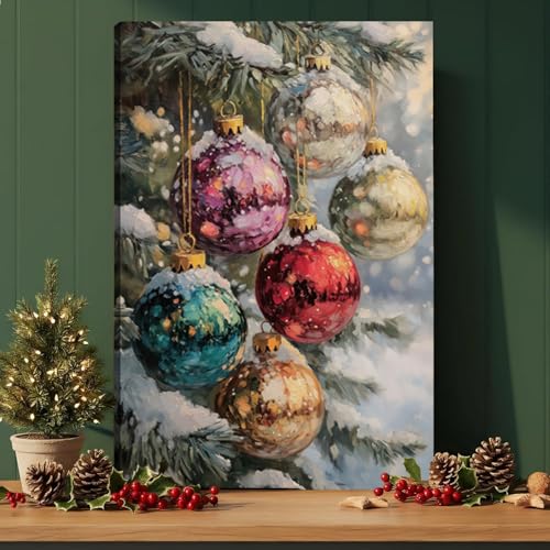 FENNIDICE Christmas Tree Canvas Wall Art 16x24 Snow Scene Winter Decor with Baubles