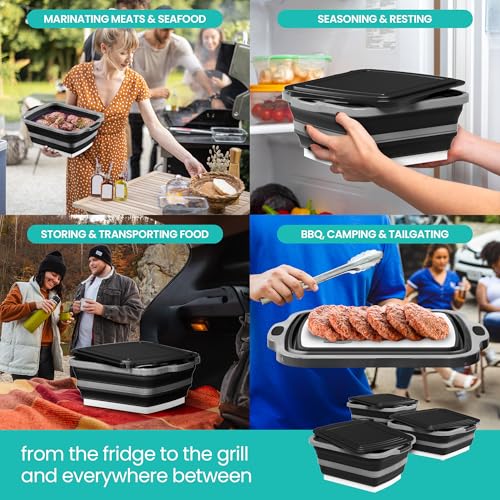 Black Collapsible BBQ Prep Tub Set - 3 Pack with Lids & Drain Spouts