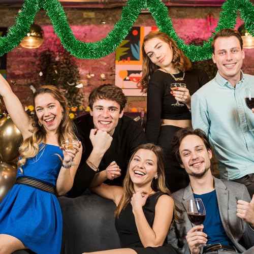 50 Feet Green Christmas Tinsel Garland, Metallic Foil Twist Banner Wall Hanging Tinsel Streamers Backdrop for Parade Floats, Christmas, Mother's Day, Birthday Party Decorations(2in x 50ft)